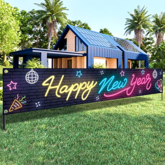 Happy New Year Banner Balloons Pattern Yard Sign Banners for New Years Eve Party Supplies Decoration Indoor Outdoor Porch Banner