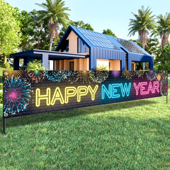 Happy New Year Banner Balloons Pattern Yard Sign Banners for New Years Eve Party Supplies Decoration Indoor Outdoor Porch Banner