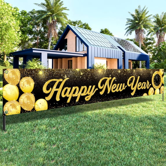 Happy New Year Banner Balloons Pattern Yard Sign Banners for New Years Eve Party Supplies Decoration Indoor Outdoor Porch Banner