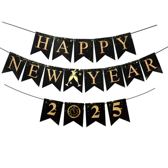 Happy New Year Banner Black Bunting with Gold Alphabet for New Year Party Eve Party DecorationsStyle 3