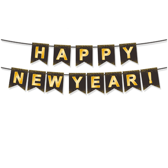 Happy New Year Banner, Black and Gold Glitter Bunting, Party Decoration, New Year's Eve Celebration