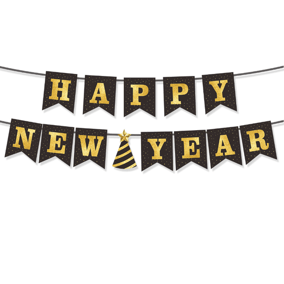 Happy New Year Banner, Black and Gold, Party Decoration, Pennant Bunting Flag