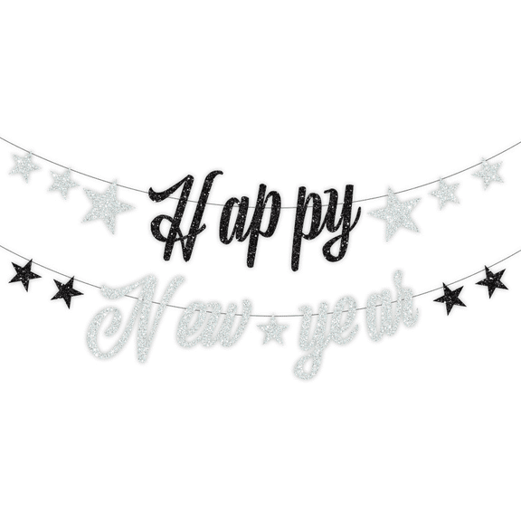 Happy New Year Banner, Black and Silvery Glitter, Star Garland Decoration, Party Supplies