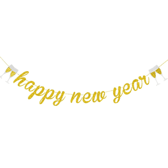 Happy New Year Banner, Gold Glitter, Champagne Glass Design, New Year's Eve Party Decoration