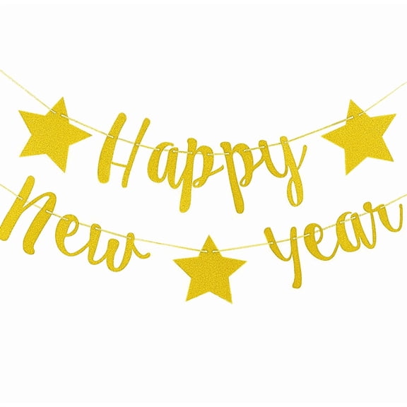 Happy New Year Banner, Gold Glitter, Star Decorations, New Year's Eve Party Supplies