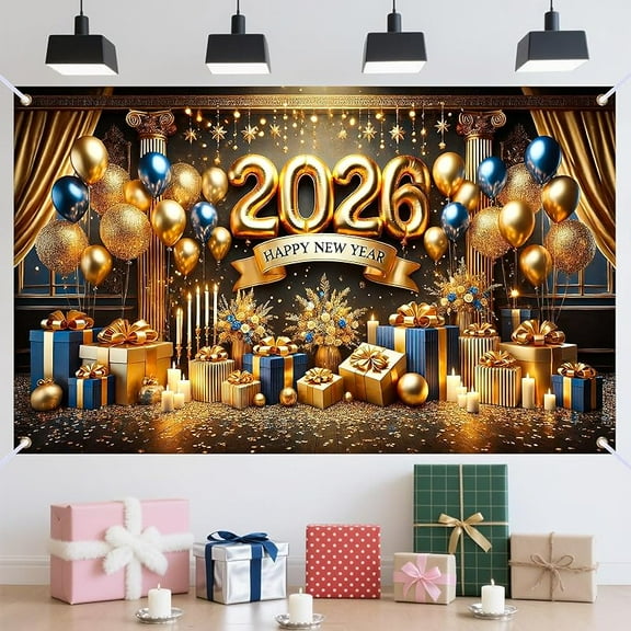Happy New Year Banner, Golden Snowflakes Glittery Backdrop for Party Decorations