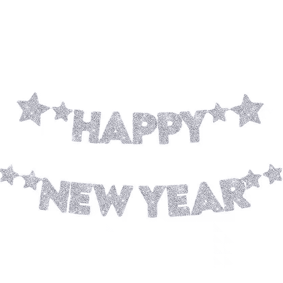 Happy New Year Banner, Sliver Glitter, Star Garland, New Year's Eve Party Decoration