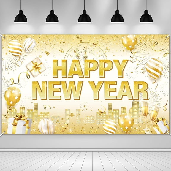 Happy New Year Banner, White Gold Happy New Year Decorations NYE 2026 Backdrop New Years Eve Party Supplies Photo Background Banner for NYE Party Decorations