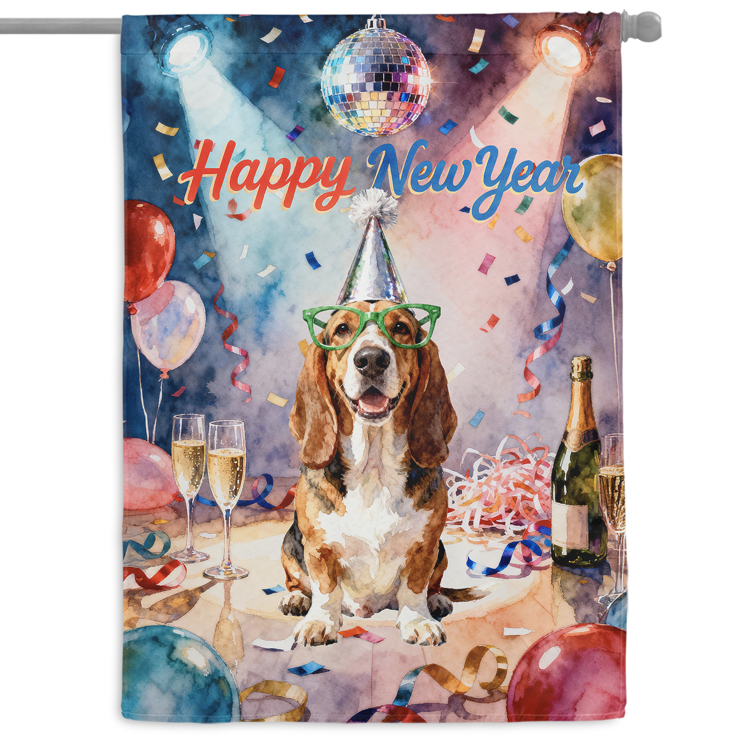Happy New Year Basset Hound Chills on Year-End Party House Flag 28x40in Double Sided Bassets Dog Breed Lovers Gifts Idea Outdoor Decor - 12023
