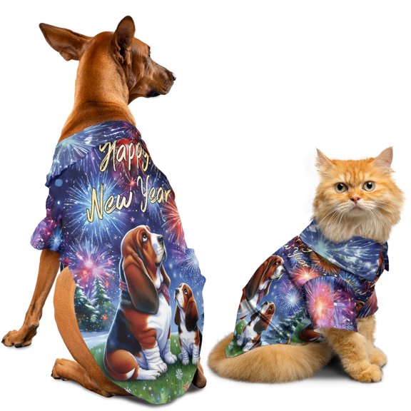 Happy New Year Basset Hound Family Cheer Winter Midnight Firework Hawaiian Summer Shirt for Small Medium Large Dog Cat Bassets Dog Breed Lovers Gifts Idea - 02025