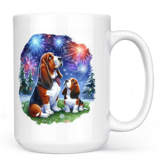 Happy New Year Basset Hound Family Cheer Winter Midnight Firework Mug Bassets Dog Breed Lovers Gifts Idea Coffee Tea Cup - 02025