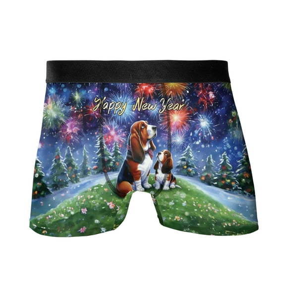 Happy New Year Basset Hound Family Cheer Winter Midnight Firework All Over Print Boxer Briefs Underwear for Men Dad Bassets Dog Breed Lovers Gifts Idea - 02025