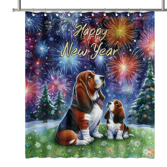 Happy New Year Basset Hound Family Cheer Winter Midnight Firework Shower Curtain Bassets Dog Breed Lovers Gifts Idea Waterproof Bathroom Bathtub Curtain - 02025