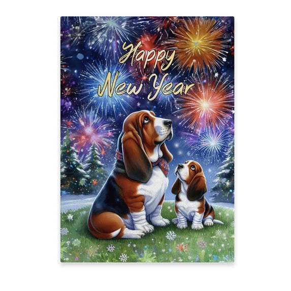 Happy New Year Basset Hound Family Cheer Winter Midnight Firework Vertical Matte Canvas Poster Bassets Dog Breed Lovers Gifts Idea Wall Art Home Decor - 02025