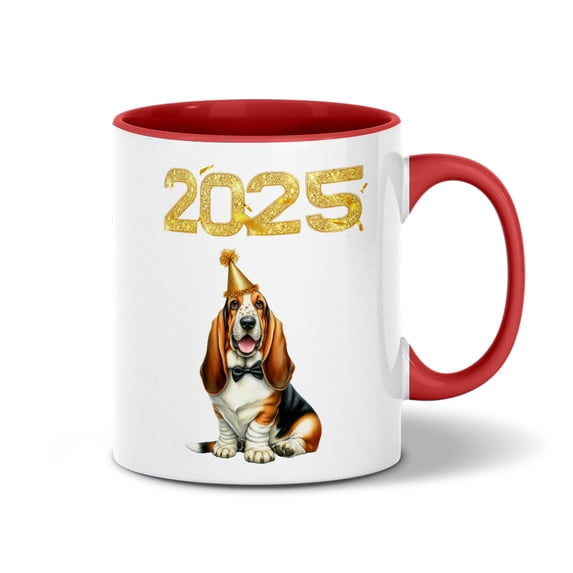 Happy New Year Basset Hound Welcome 2025 Balloon Firework Party 11oz Accent Two-tone Mug Bassets Dog Breed Lovers Gifts Idea Coffee Tea Cup - 01014