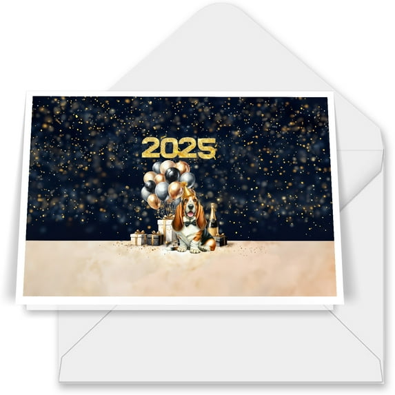 Happy New Year Basset Hound Welcome 2025 Balloon Firework Party 7x5in Folded Greeting Card Bassets Dog Breed Lovers Gifts Idea Single Note Card with Envelope - 01014