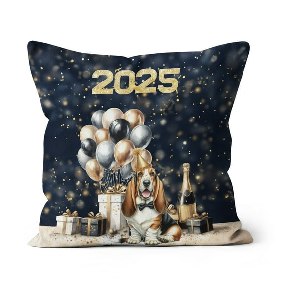 Happy New Year Basset Hound Welcome 2025 Balloon Firework Party Pillow Cushion Double Sided Bassets Dog Breed Lovers Gifts Idea Throw Pillow - 01014