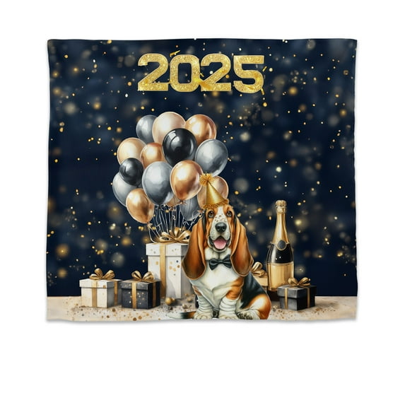 Happy New Year Basset Hound Welcome 2025 Balloon Firework Party Tapestry Bassets Dog Breed Lovers Gifts Idea Wall Hanging Backdrop Home Decor - 01014