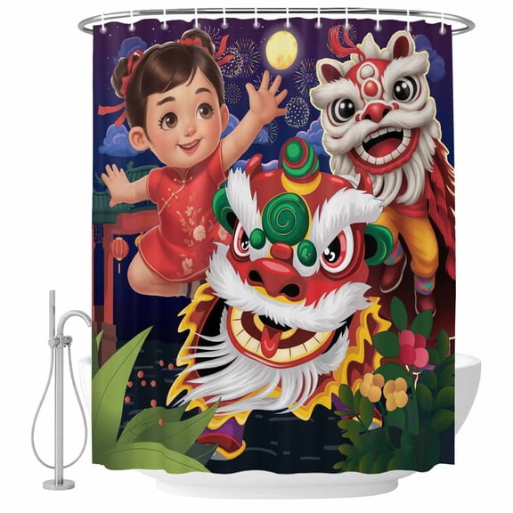 Happy New Year Bathroom Shower Curtains with Hooks, Cartoon Girl Dance Lions Fireworks Waterproof Fabric Washable Shower Curtain for Home Hotel Bathtub Decor 36x72 Inch