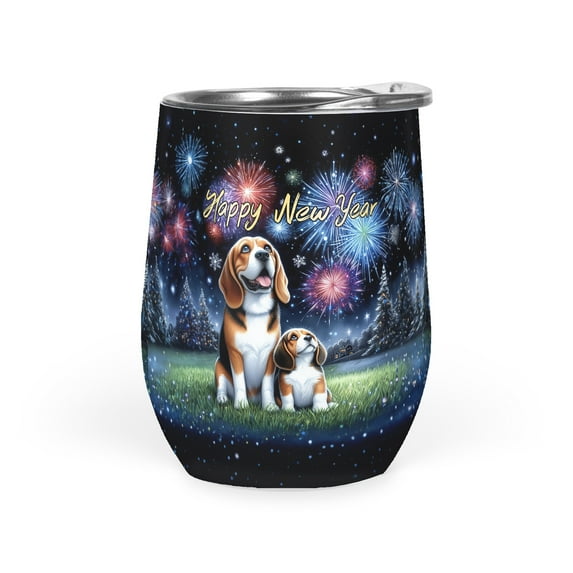 Happy New Year Beagle Family Cheer Winter Midnight Firework 12oz Stainless Steel Wine Tumbler Insulated Cup with Lid Beagles Dog Lover Gifts Idea - 02025