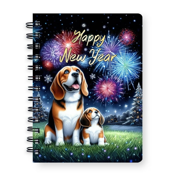Happy New Year Beagle Family Cheer Winter Midnight Firework Spiral Bound Journal Beagles Dog Lover Gifts Idea 5x7in Spiral Notebook - 02025