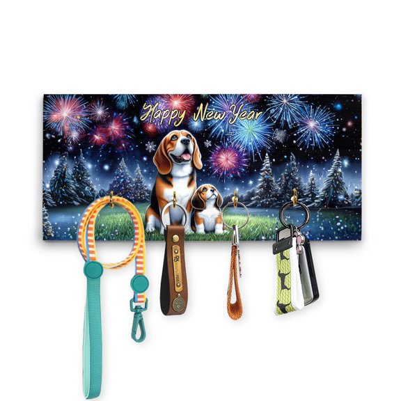 Happy New Year Beagle Family Cheer Winter Midnight Firework Wood Key Holder Beagles Dog Lover Gifts Idea Wall-mounted Key Rack Home Decor - 02025