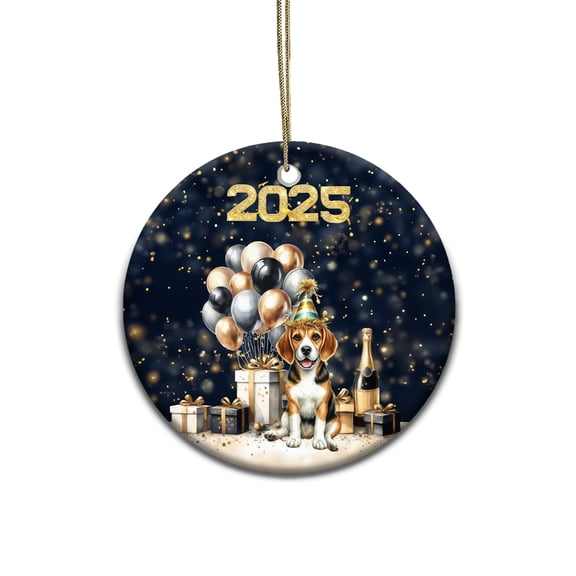 Happy New Year Beagle Welcome 2025 Balloon Firework Party Ceramic Round Ornament Beagles Dog Lover Gifts Idea Home Tree Decor - 01014