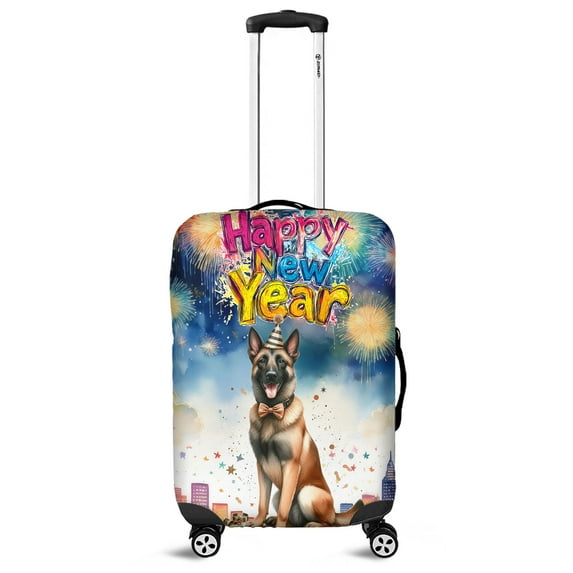 Happy New Year with Belgian Malinois Fireworks Holiday Xmas Winter 2025 Travel Luggage Cover Sheepdog Dog Lover Gifts Suitcase Dust Protective Decor - 00025