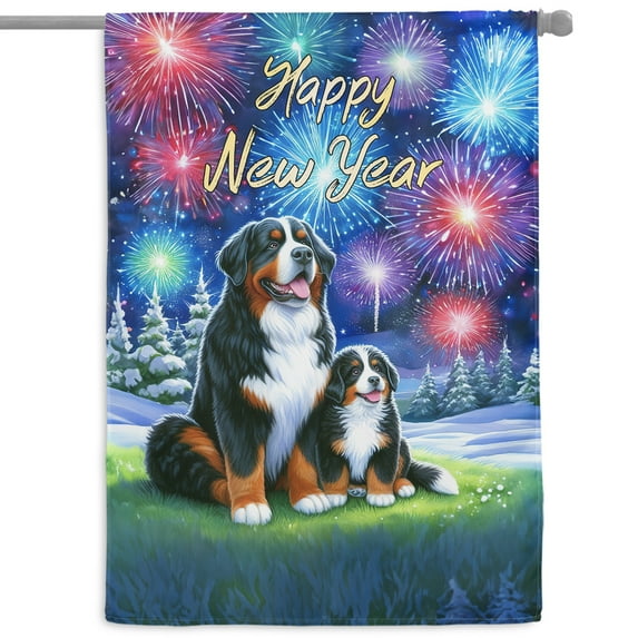 Happy New Year Bernese Mountain Dog Family Cheer Winter Midnight Firework House Flag 28x40in Double Sided Berner Lover Gifts Outdoor Decor - 02025