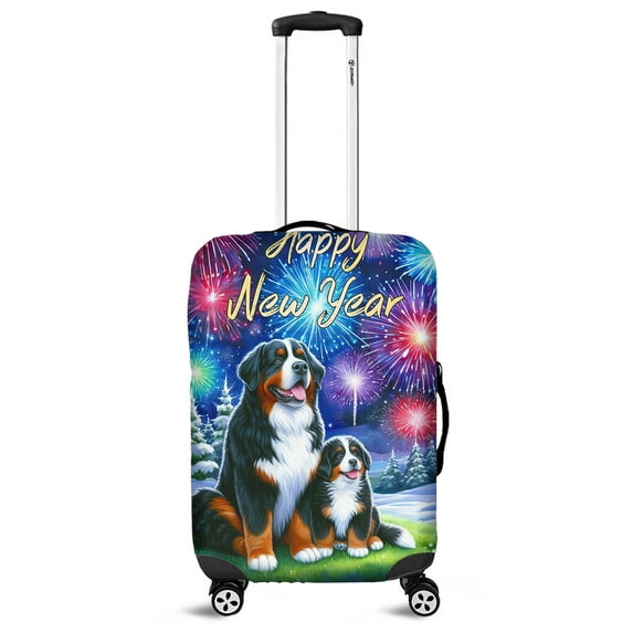 Happy New Year Bernese Mountain Dog Family Cheer Winter Midnight Firework Travel Luggage Cover Berner Lover Gifts Suitcase Dust Protective Decor - 02025