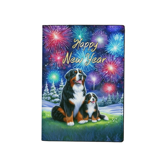 Happy New Year Bernese Mountain Dog Family Cheer Winter Midnight Firework Travel Passport Wallet Berner Lover Gifts PU Leather Passport Holder Cover - 02025