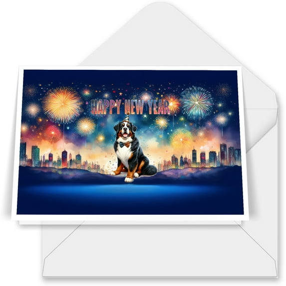 Happy New Year with Bernese Mountain Dog Fireworks Holiday Xmas Winter 2025 7x5in Folded Greeting Card Berner Lover Gifts Single Note Card with Envelope - 00025