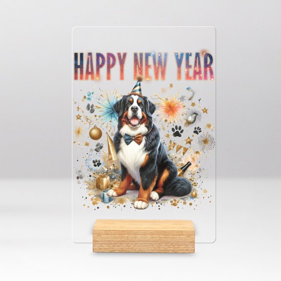 Happy New Year with Bernese Mountain Dog Fireworks Holiday Xmas Winter 2025 Acrylic Plaque Sign Ashwood Base Berner Lover Gifts Home Desk Decor - 00025