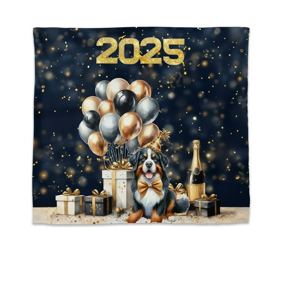 Happy New Year Bernese Mountain Dog Welcome 2025 Balloon Firework Party Tapestry Berner Lover Gifts Wall Hanging Backdrop Home Decor - 01014