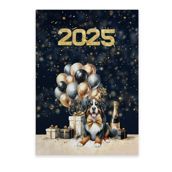 Happy New Year Bernese Mountain Dog Welcome 2025 Balloon Firework Party Vertical Matte Canvas Poster Berner Lover Gifts Wall Art Home Decor - 01014
