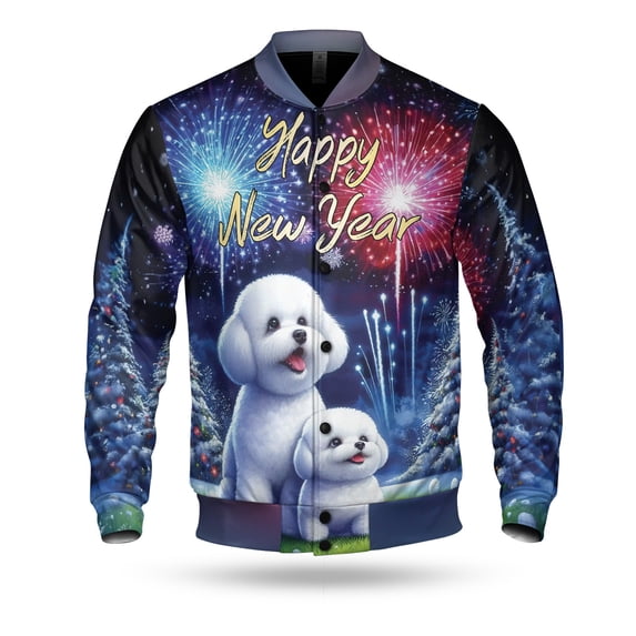 Happy New Year Bichon Frise Family Cheer Winter Midnight Firework All Over Print 3D Baseball Jacket Bichons Dog Lovers Gifts Idea Bomber Jacket Softball - 02025