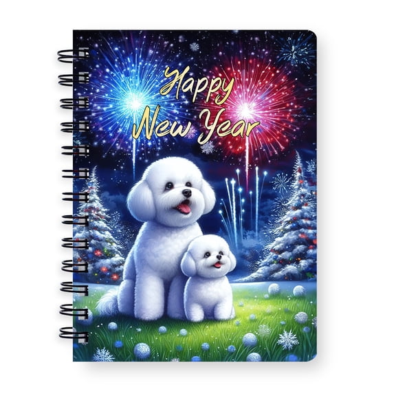 Happy New Year Bichon Frise Family Cheer Winter Midnight Firework Spiral Bound Journal Bichons Dog Lovers Gifts Idea 5x7in Spiral Notebook - 02025