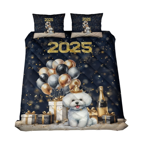 Happy New Year Bichon Frise Welcome 2025 Balloon Firework Party Quilt Bedding Set Bichons Dog Lovers Gifts Idea 1 Blanket Bed Cover 2 Pillowcases - 01014