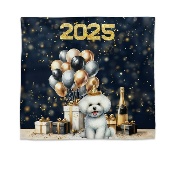 Happy New Year Bichon Frise Welcome 2025 Balloon Firework Party Tapestry Bichons Dog Lovers Gifts Idea Wall Hanging Backdrop Home Decor - 01014