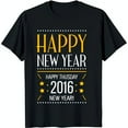 thumbnail image 1 of Happy New Year Black T-Shirt Bold White Text with Stars & 'Happy Thursday' 2016 Design, 1 of 5