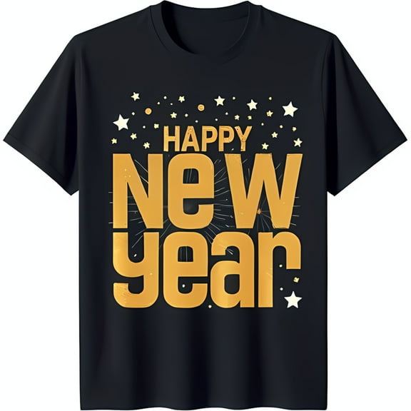 Happy New Year Black T-Shirt with Bold Gold Letters & Festive Star Design
