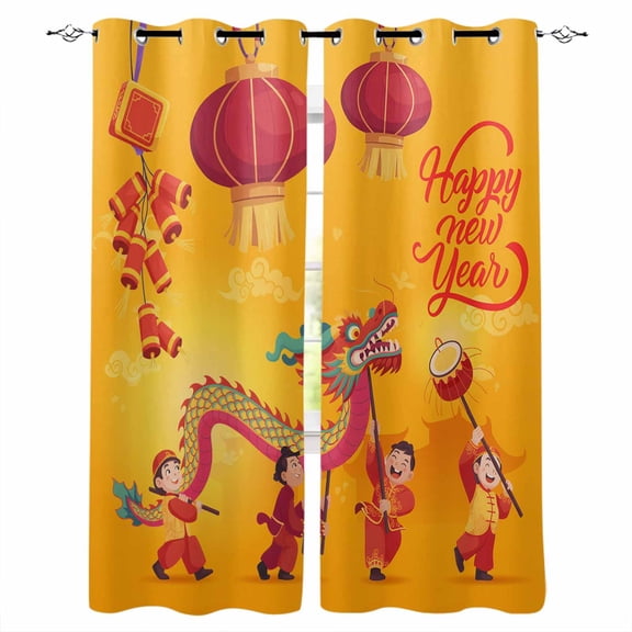 Happy New Year Blackout Curtains for Bedroom Living Room Darkening Curtains 84 Inch Length 2 Panels Set Red Yellow Dragon Dance Window Curtain Insulated Window Treatment Grommet Drapes 42"x84"