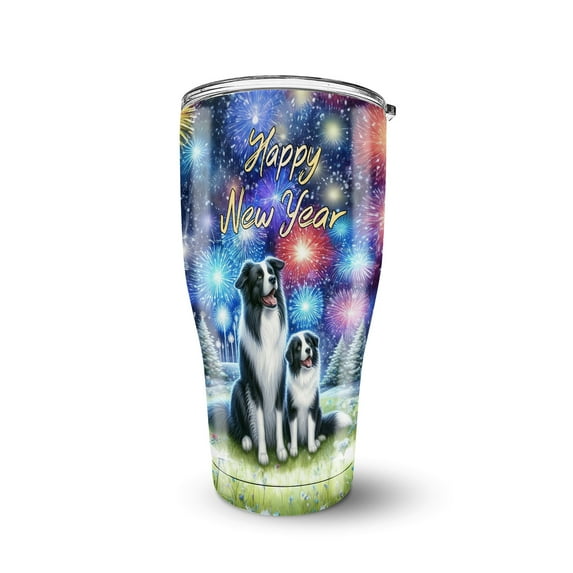 Happy New Year Border Collie Family Cheer Winter Midnight Firework 30oz Stainless Steel Tumbler Insulated Cup with Lid Borders Dog Lovers Gifts Idea - 02025
