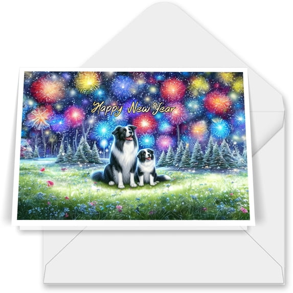 Happy New Year Border Collie Family Cheer Winter Midnight Firework 7x5in Folded Greeting Card Borders Dog Lovers Gifts Idea Single Note Card with Envelope - 02025