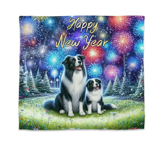 Happy New Year Border Collie Family Cheer Winter Midnight Firework Tapestry Borders Dog Lovers Gifts Idea Wall Hanging Backdrop Home Decor - 02025