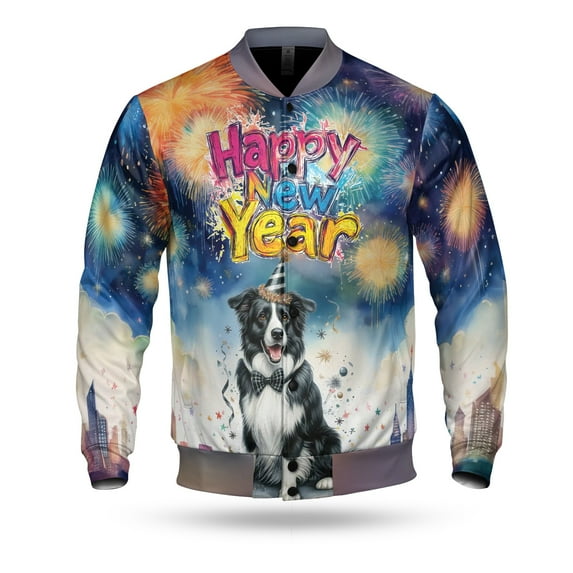 Happy New Year with Border Collie Fireworks Holiday Xmas Winter 2025 All Over Print 3D Baseball Jacket Borders Dog Lovers Gifts Idea Bomber Jacket Softball - 00025