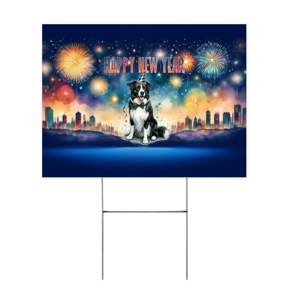 Happy New Year with Border Collie Fireworks Holiday Xmas Winter 2025 Yard Sign Borders Dog Lovers Gifts Idea Outdoor Home Lawn Garden Porch Decor - 00025