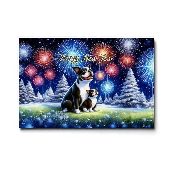 Happy New Year Boston Terrier Family Cheer Winter Midnight Firework Horizontal Matte Canvas Poster Gentleman Dog Lover Gifts Wall Art Home Decor - 02025