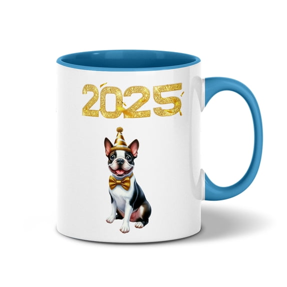 Happy New Year Boston Terrier Welcome 2025 Balloon Firework Party 11oz Accent Two-tone Mug Gentleman Dog Lover Gifts Coffee Tea Cup - 01014