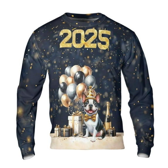 Happy New Year Boston Terrier Welcome 2025 Balloon Firework Party All Over Print 3D Sweatshirt Unisex Merch Gentleman Dog Lover Gifts - 01014